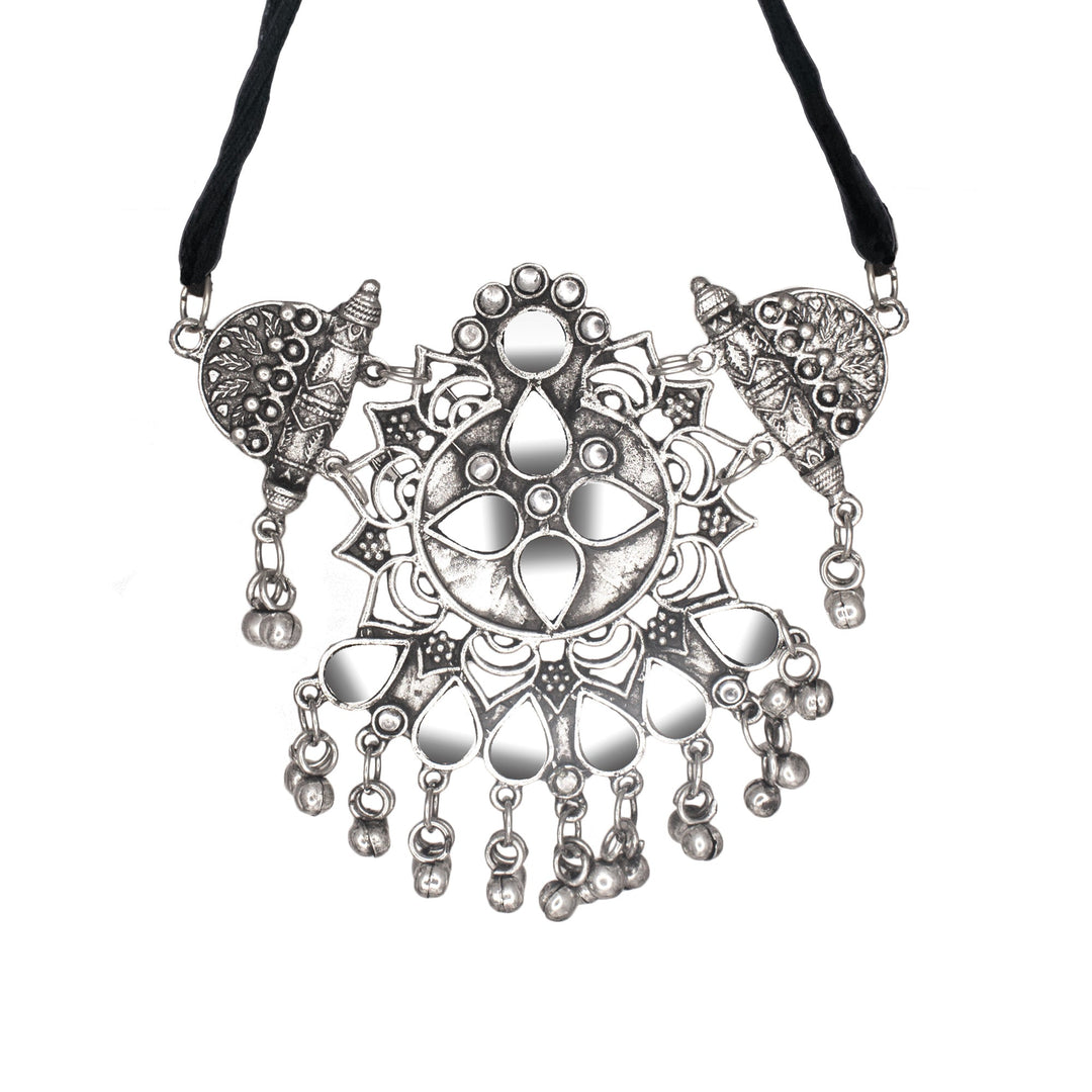 Abhinn Silver Oxidised Unique Floral Design With Mirror Work Necklace Set For Women