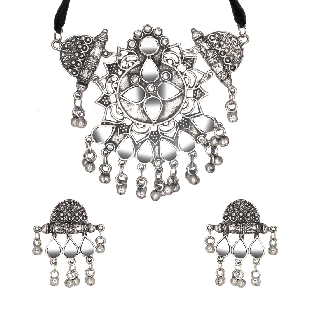 Abhinn Silver Oxidised Unique Floral Design With Mirror Work Necklace Set For Women