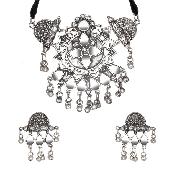 Abhinn Silver Oxidised Unique Floral Design With Mirror Work Necklace Set For Women