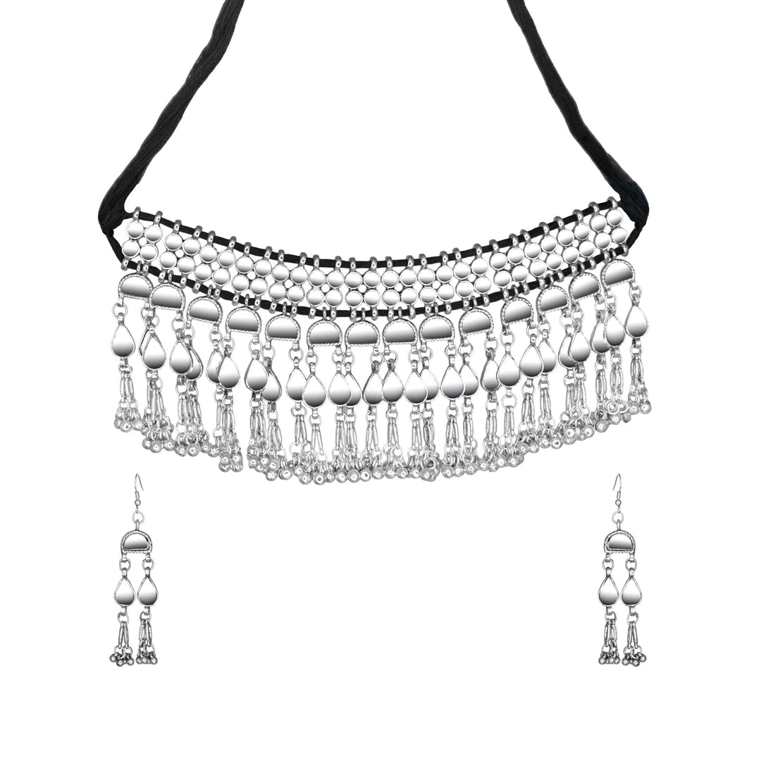 Abhinn Silver Oxidised Tribal Design Mirror Work Necklace Set For Women 