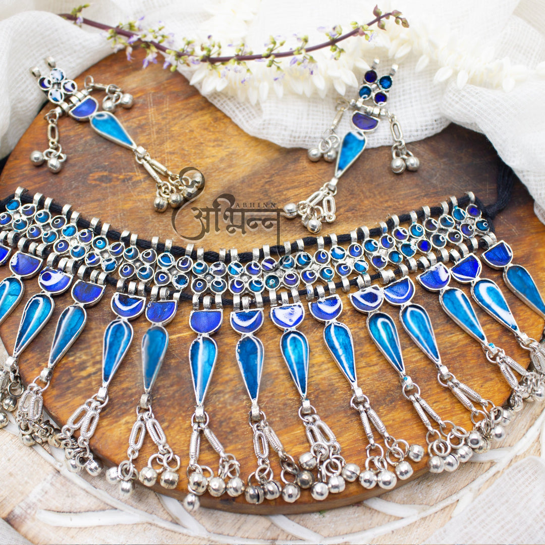 Abhinn Silver Oxidised Blue Meenakari Necklace Set for Women