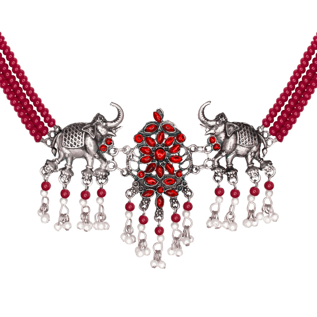 Abhinn Silver Oxidised Elephant And Floral Design Red Choker Set For Women
