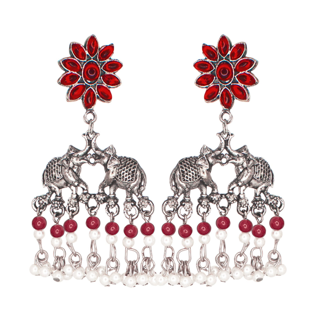 Abhinn Silver Oxidised Elephant And Floral Design Red Choker Set For Women