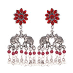Load image into Gallery viewer, Abhinn Silver Oxidised Elephant And Floral Design Red Choker Set For Women
