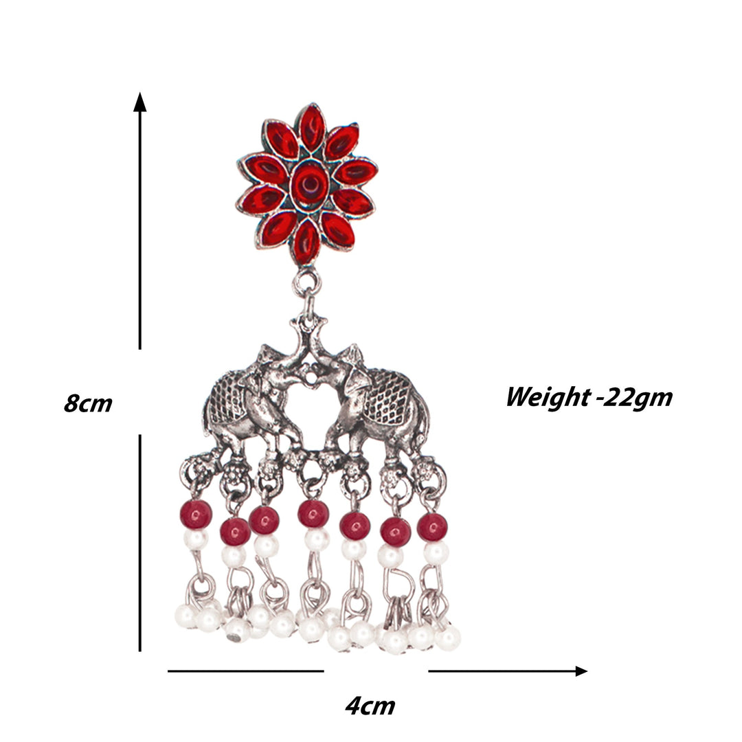 Abhinn Silver Oxidised Elephant And Floral Design Red Choker Set For Women