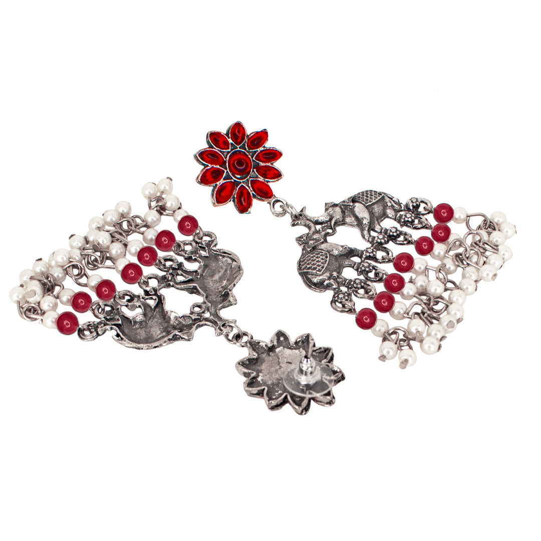 Abhinn Silver Oxidised Elephant And Floral Design Red Choker Set For Women
