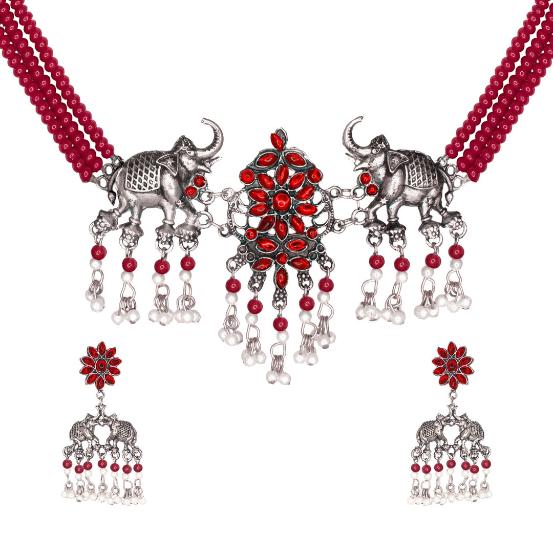 Abhinn Silver Oxidised Elephant And Floral Design Red Choker Set For Women