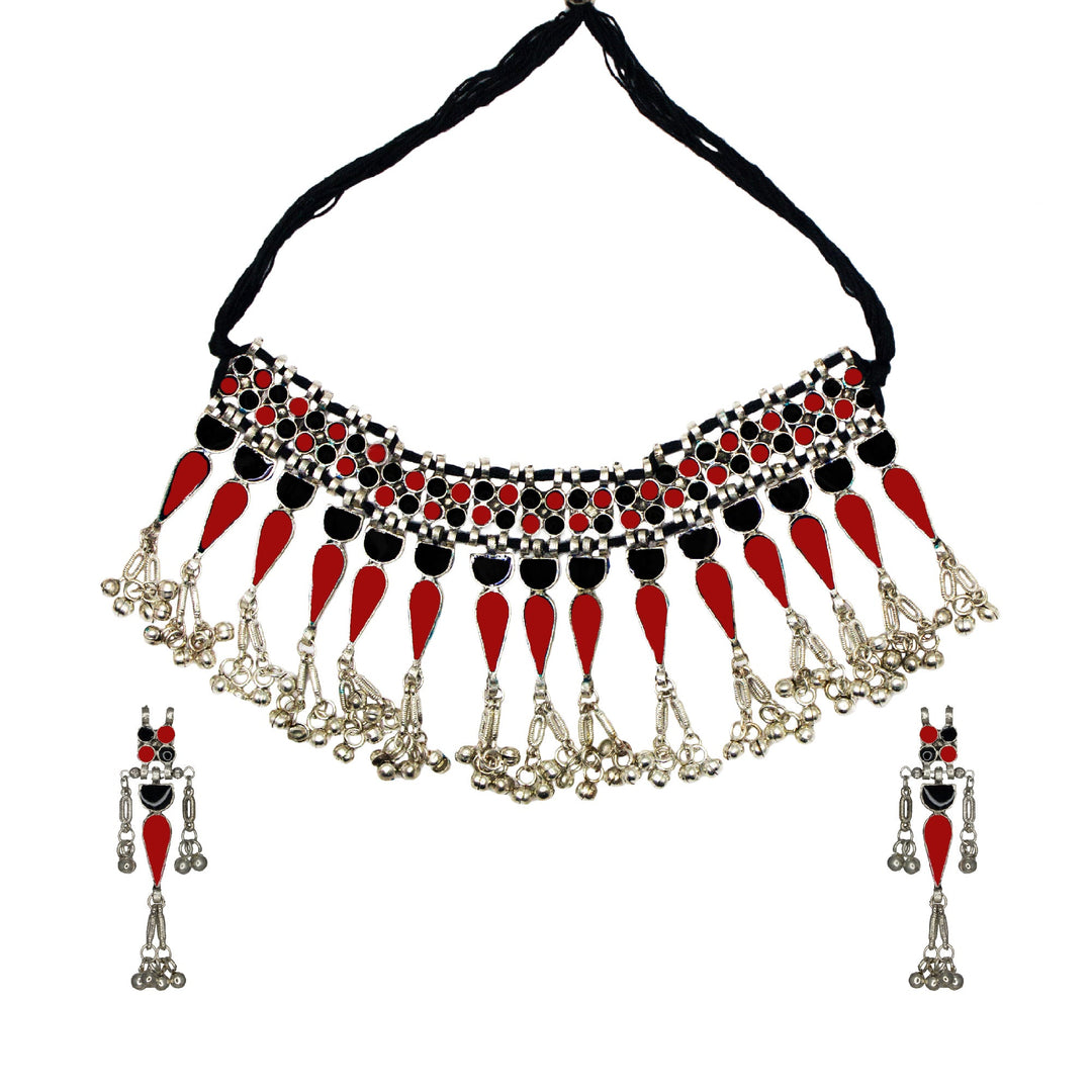 Silver Oxidised Red-Black Meenakari Necklace Set for Women