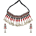 Load image into Gallery viewer, Silver Oxidised Red-Black Meenakari Necklace Set for Women
