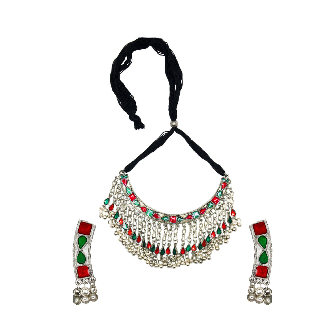 Abhinn Silver Oxidised Necklace Set Red Green Meenakari For Women