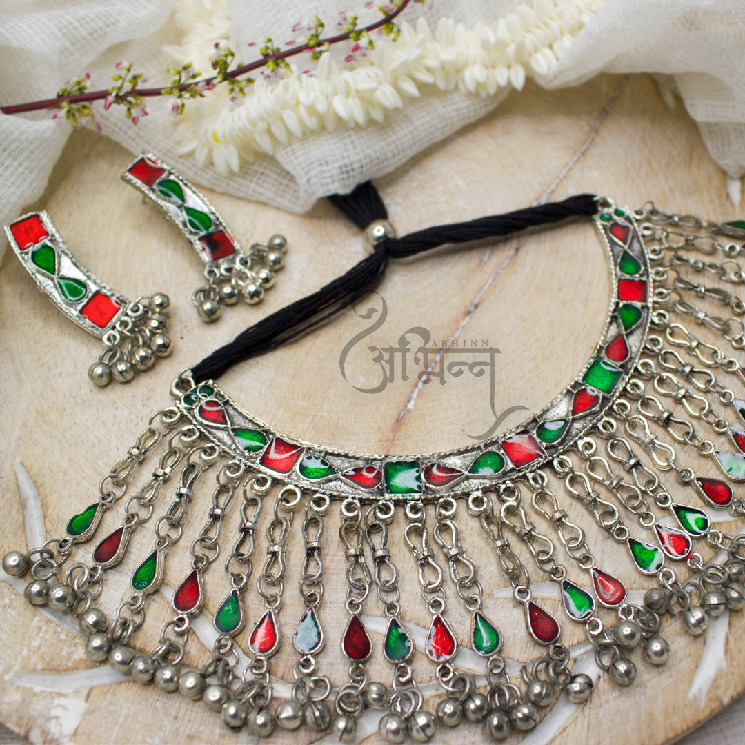 Abhinn Silver Oxidised Necklace Set Red Green Meenakari For Women