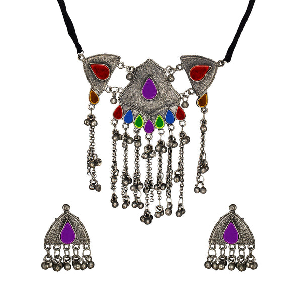 Abhinn Afghani Silver Oxidised Multi Colour Temple Design Necklace Set For Women