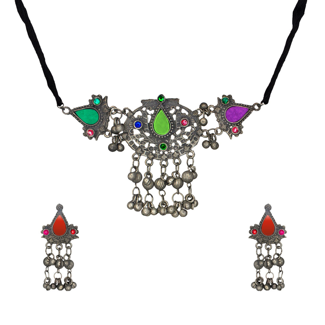 Abhinn Silver Oxidised Afghani Multi Colour Necklace Set For Women