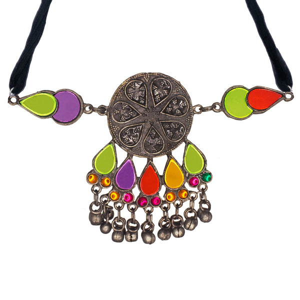 Abhinn Afghani Silver Oxidised Tribal Multi Color Choker Set For Women