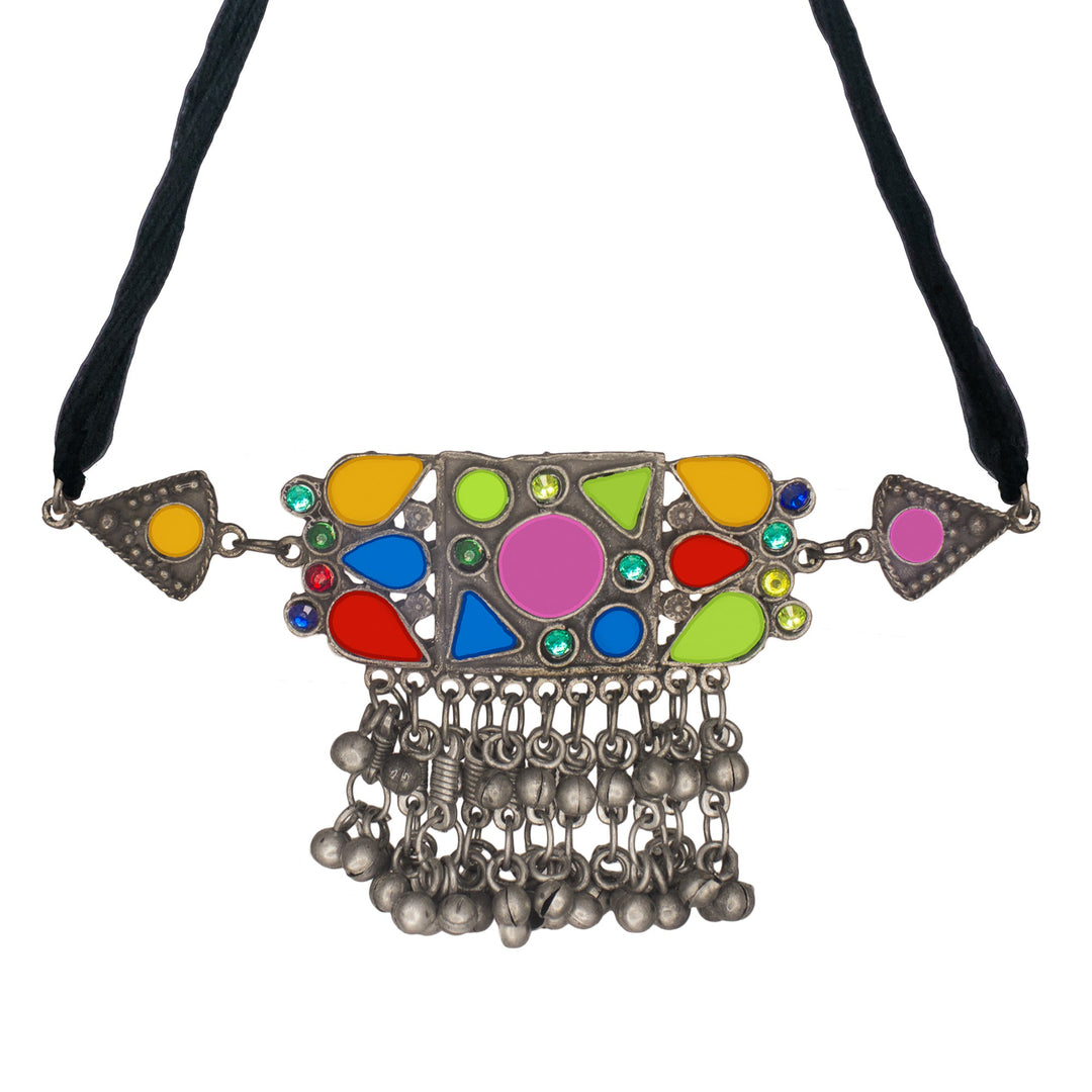 Abhinn Afghani Silver Oxidised Tribal Multi Color Choker Set For Women
