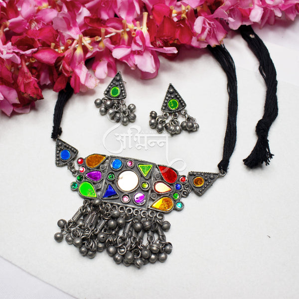 Abhinn Afghani Silver Oxidised Tribal Multi Color Choker Set For Women