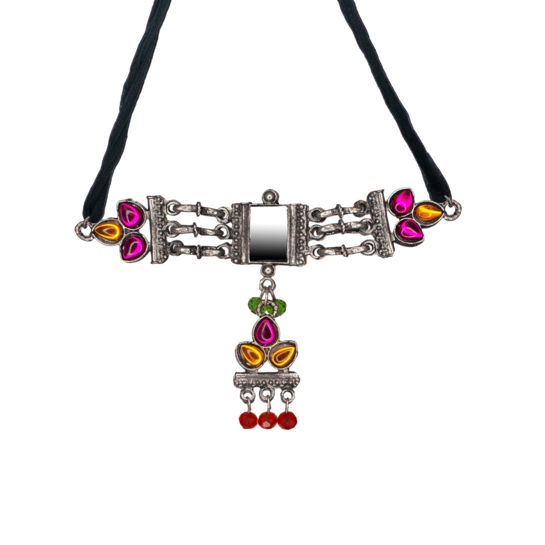 Abhinn Silver Oxidsied Floral Design Multi Colour Choker Set For Women 