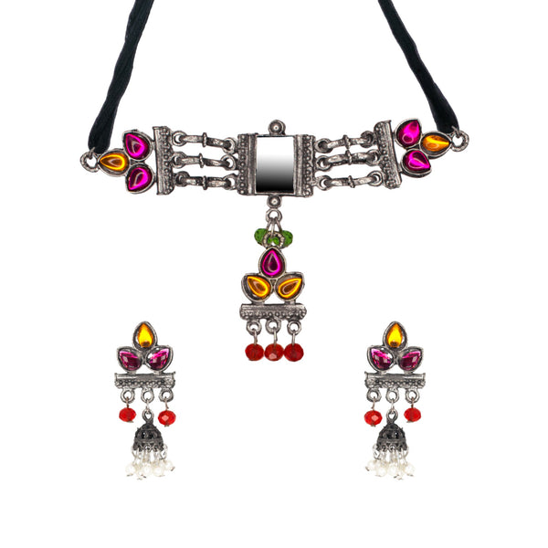 Abhinn Silver Oxidsied Floral Design Multi Colour Choker Set For Women 
