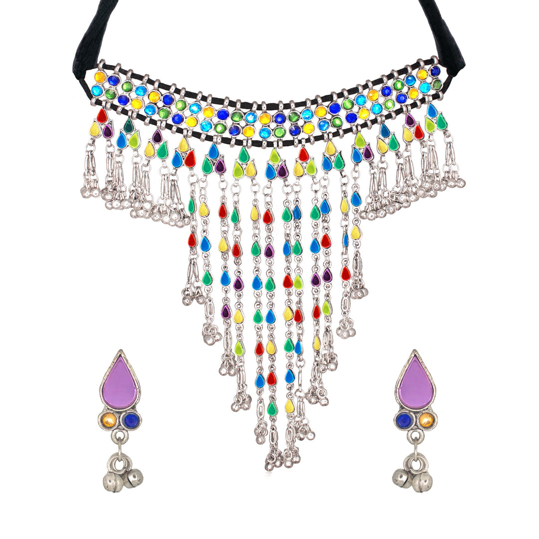 Abhinn Silver Oxidised Tribal Design Multi Colour Necklace Set For Women