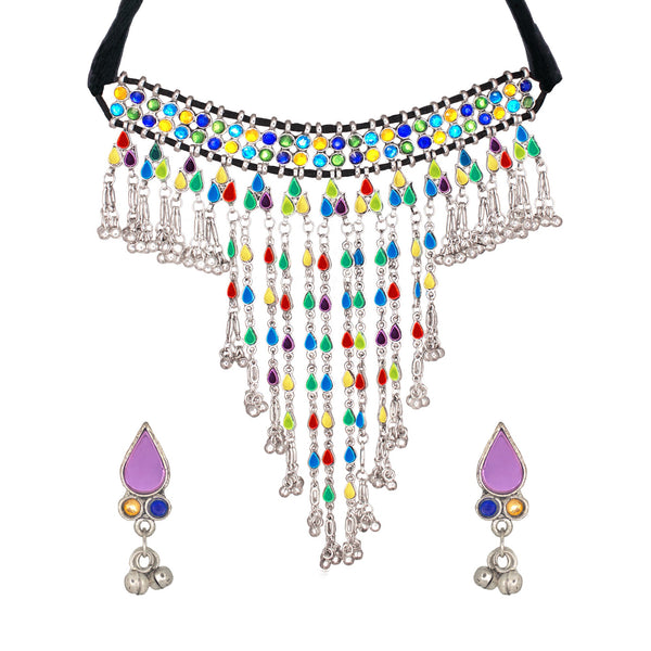 Abhinn Silver Oxidised Tribal Design Multi Colour Necklace Set For Women