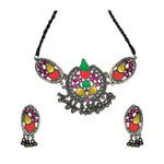 Load image into Gallery viewer, Abhinn Silver Oxidised Afghani Tribal Design Necklace Set Studded With Multi Colour Mirror For Women
