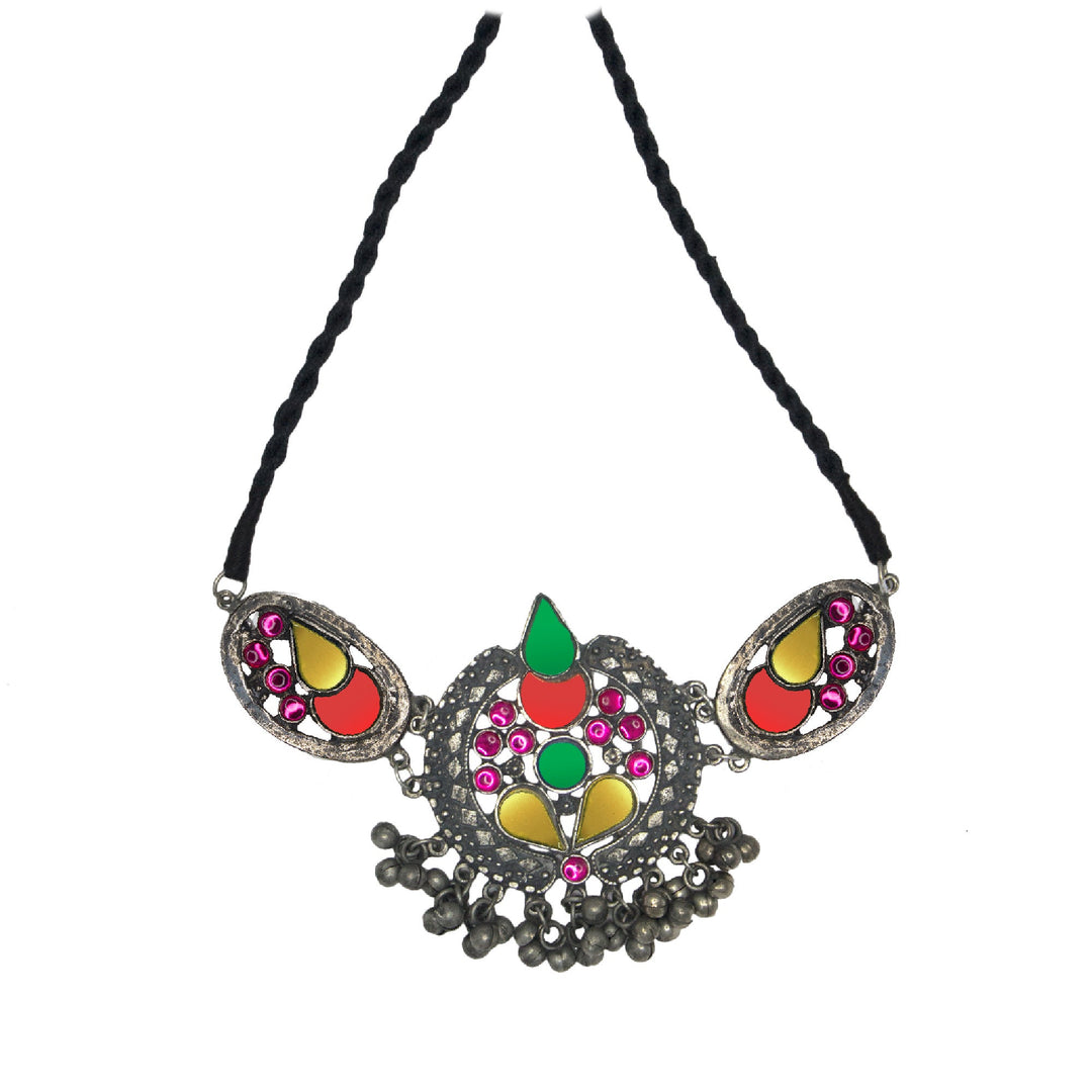 Abhinn Silver Oxidised Afghani Tribal Design Necklace Set Studded With Multi Colour Mirror For Women