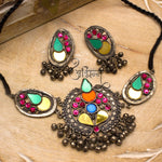 Load image into Gallery viewer, Abhinn Silver Oxidised Afghani Tribal Design Necklace Set Studded With Multi Colour Mirror For Women
