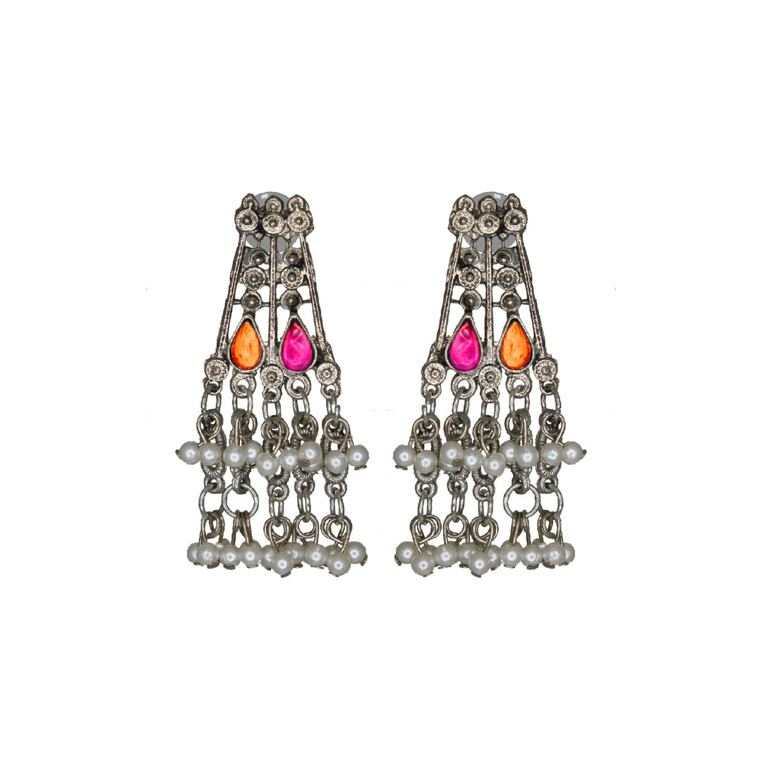 Abhinn Silver Oxidised Floral Necklace Seṭ With Pink Orange CZ Stones & Pearls