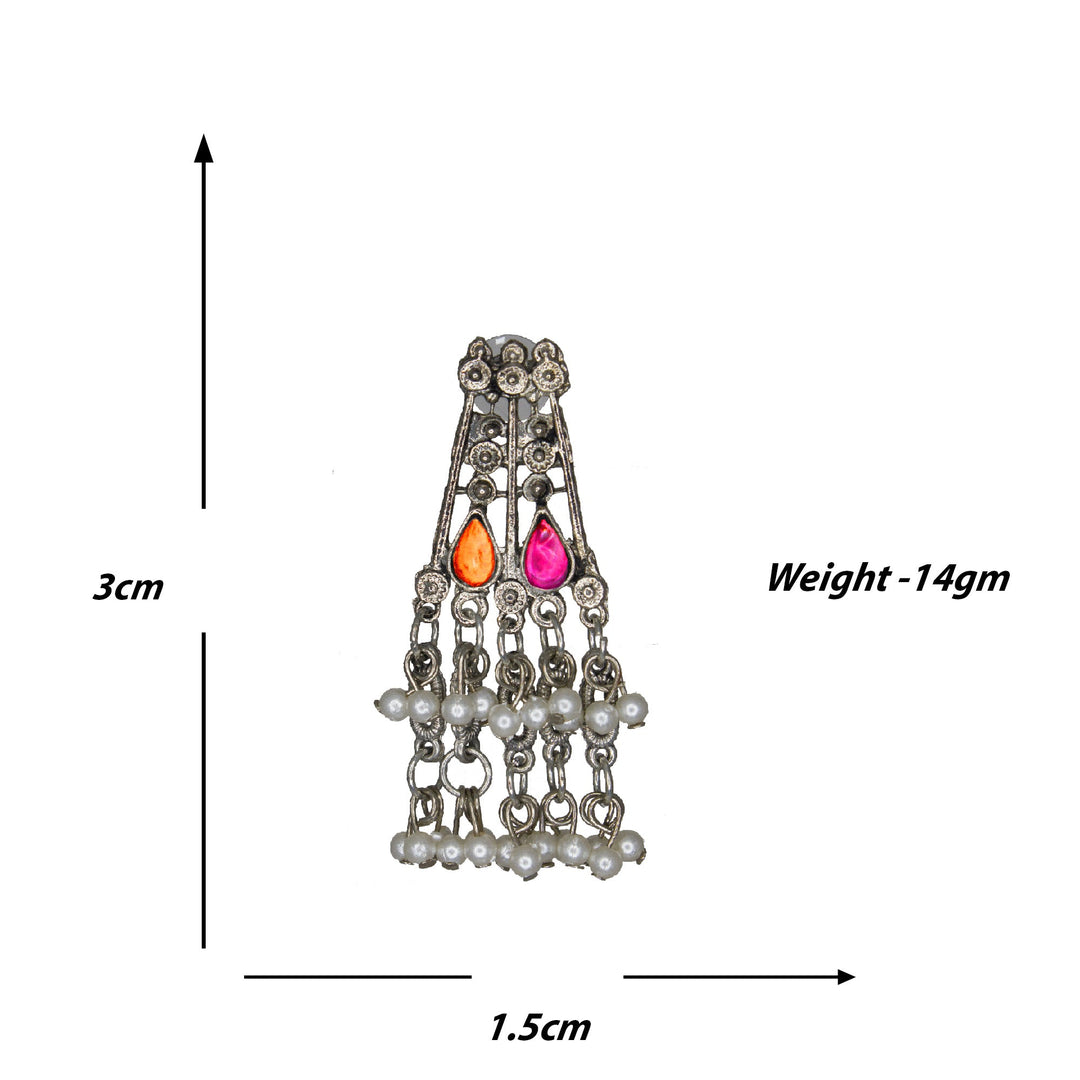 Abhinn Silver Oxidised Floral Necklace Seṭ With Pink Orange CZ Stones & Pearls