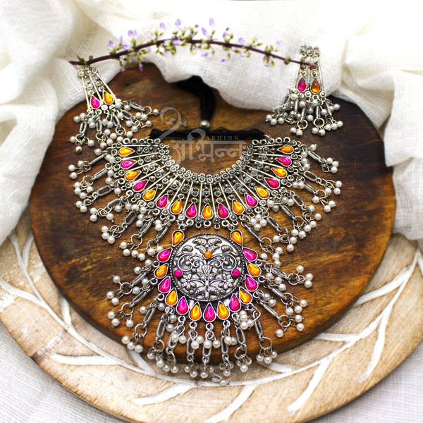 Abhinn Silver Oxidised Floral Necklace Seṭ With Pink Orange CZ Stones & Pearls