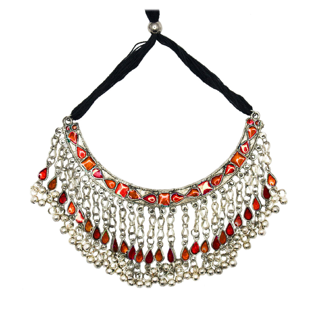 Abhinn Silver Oxidised Necklace Set Orange-Red Meenakari For Women
