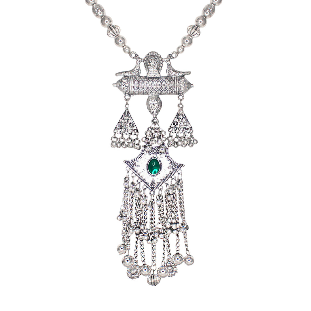 Abhinn Silver Oxidised Ganesh and Peacock Design Green Pendant Set For Women