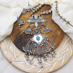 Load image into Gallery viewer, Abhinn Silver Oxidised Ganesh Temple Design Necklace Set &amp; Green CZ Stone.
