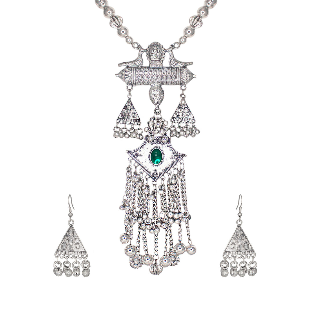 Abhinn Silver Oxidised Ganesh and Peacock Design Green Pendant Set For Women