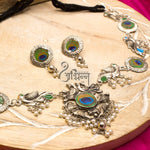 Load image into Gallery viewer, Silver Oxidised Peacock Design Necklace Set With White Pearls
