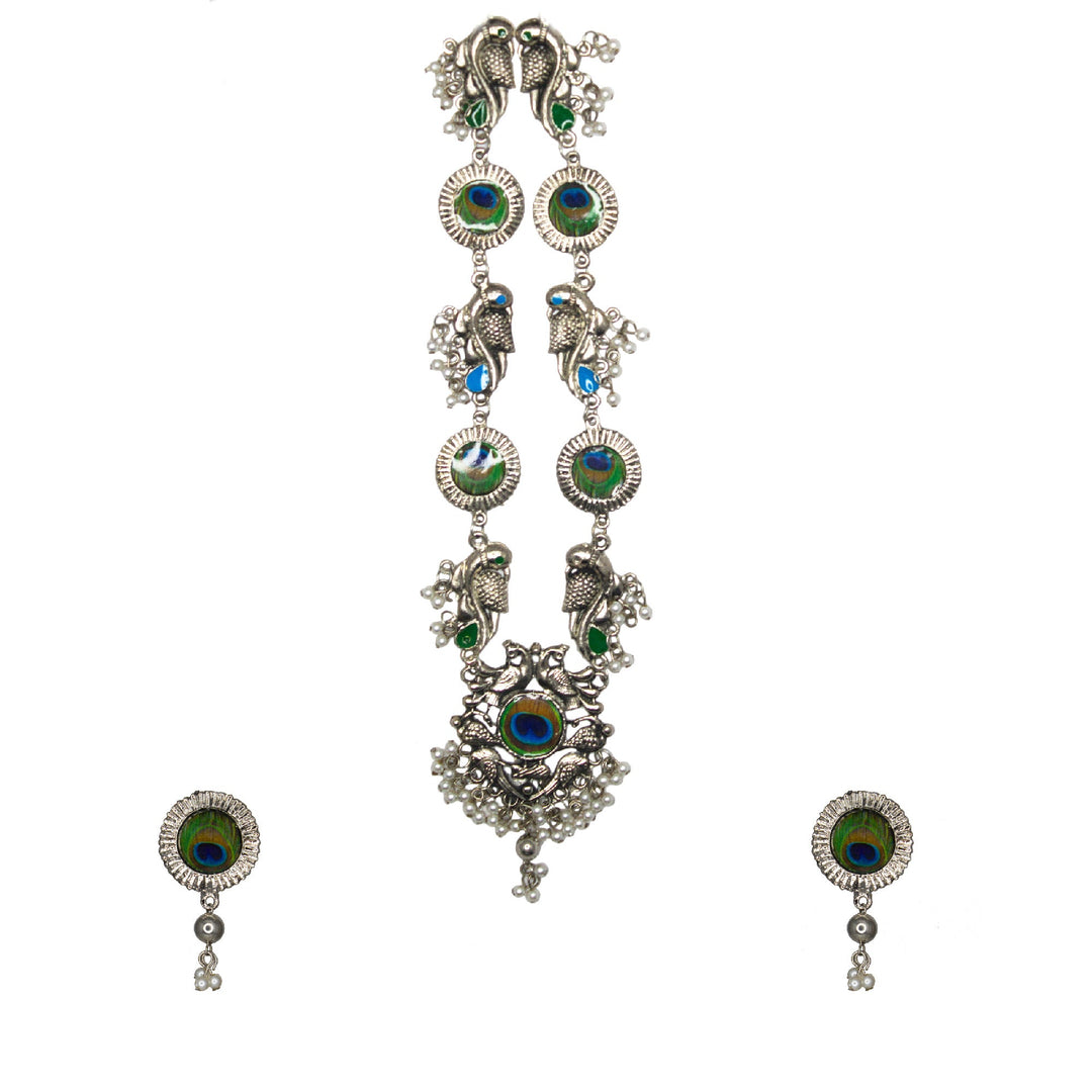Abhinn Silver Oxidised Peacock Design Necklace Set With White Pearls