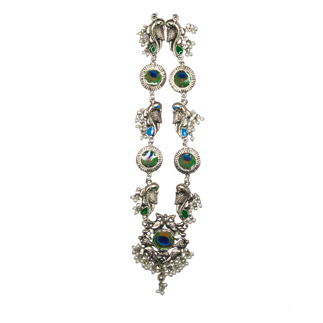 Abhinn Silver Oxidised Peacock Design Necklace Set With White Pearls