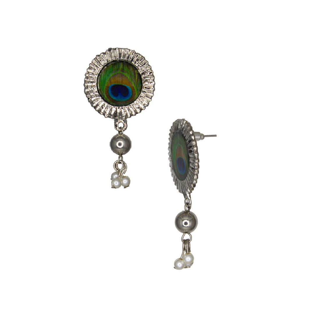 Abhinn Silver Oxidised Peacock Design Necklace Set With White Pearls
