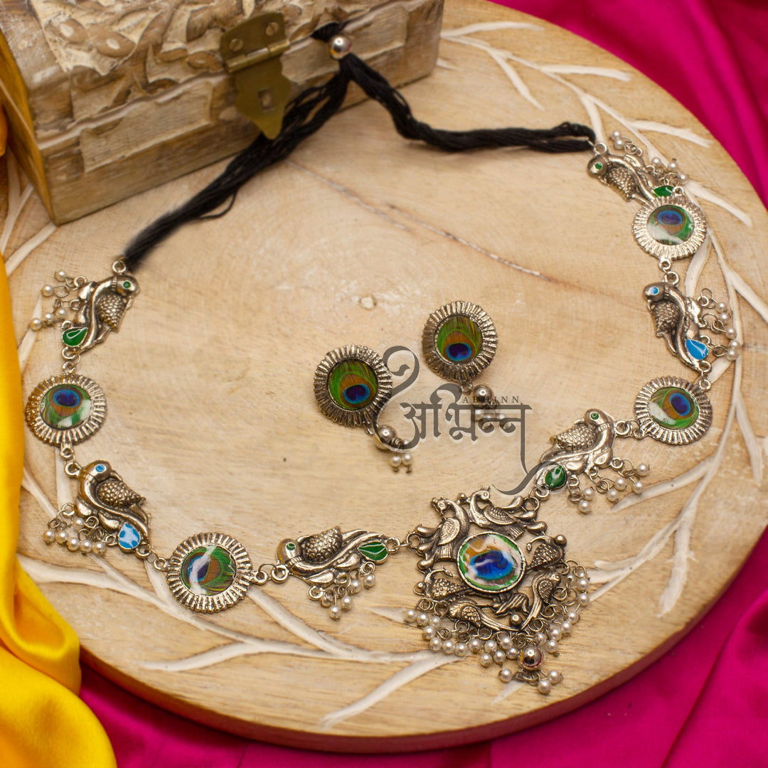 Silver Oxidised Peacock Design Necklace Set With White Pearls