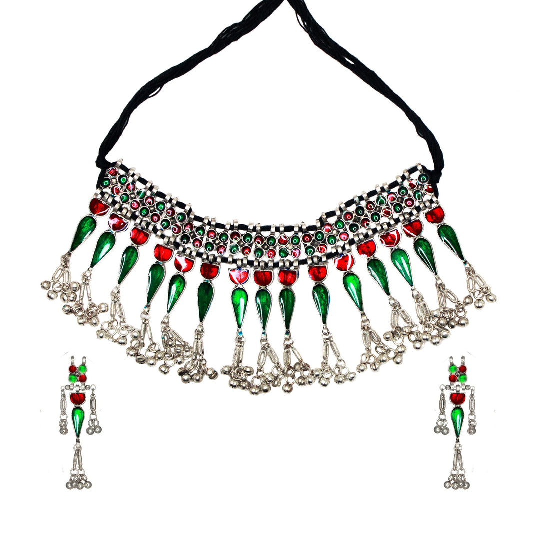 Silver Oxidised Pink-Green Meenakari Necklace Set for Women