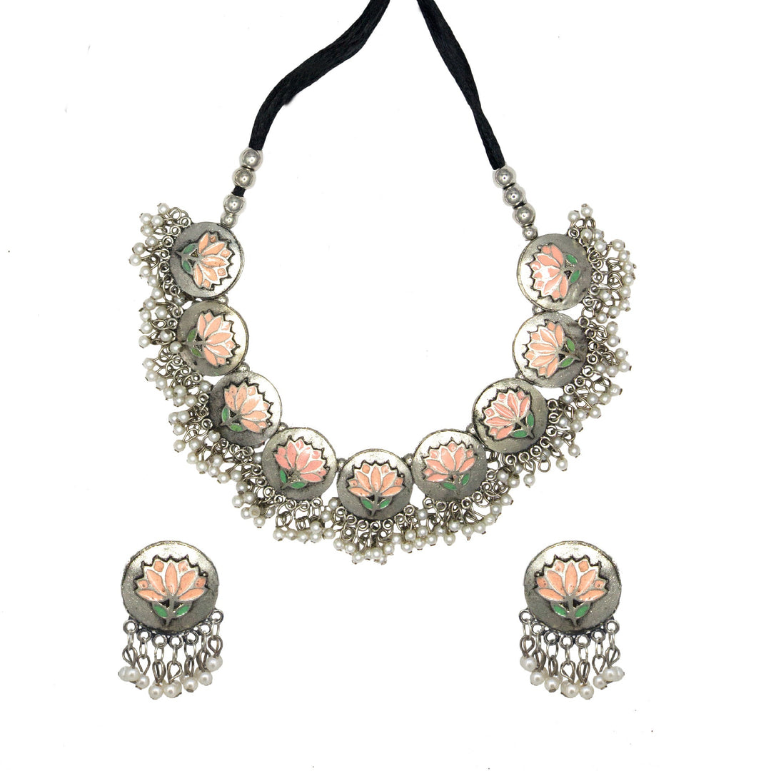 Abhinn Silver Oxidised Pink Lotus Design Necklace Set For Women