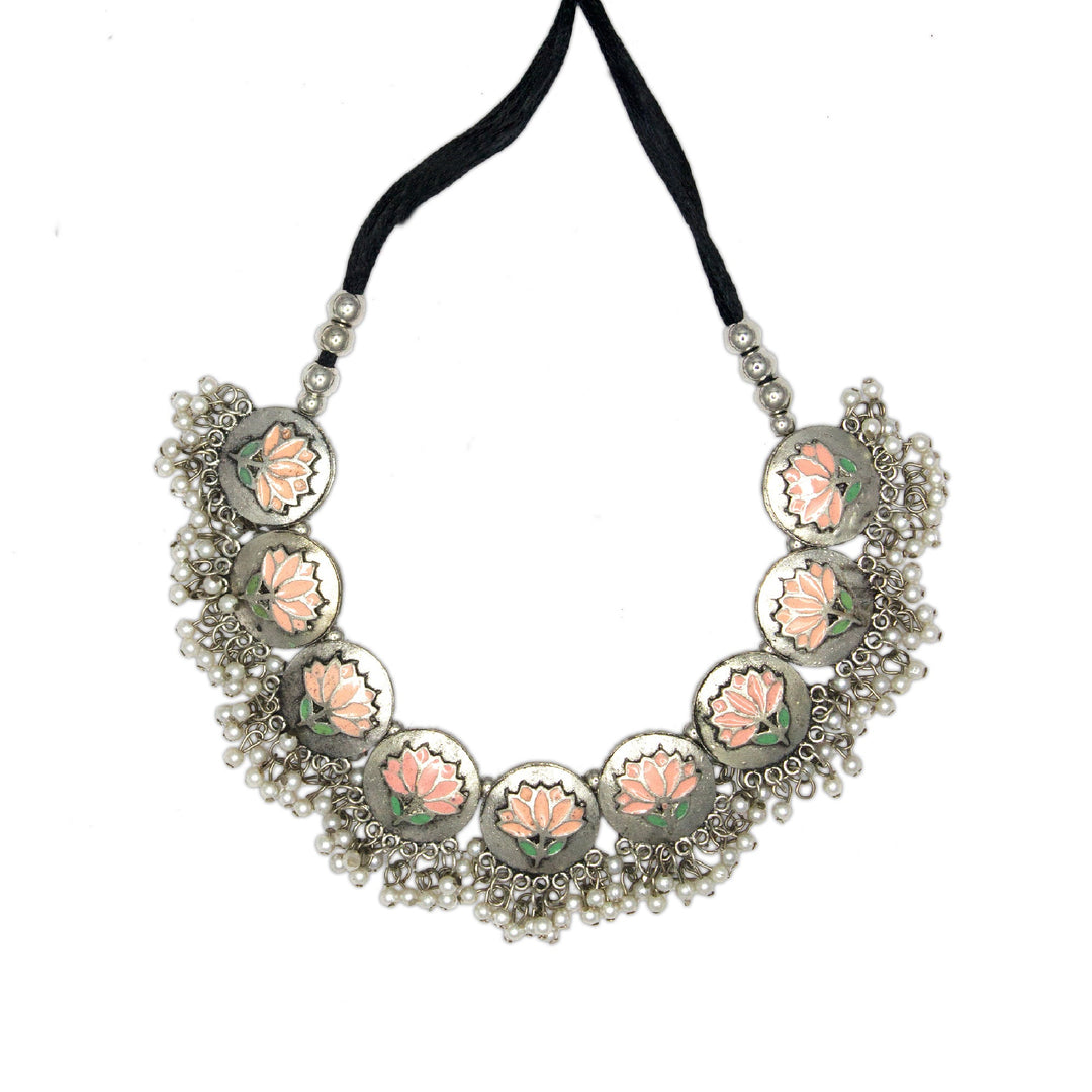 Abhinn Silver Oxidised Pink Lotus Design Necklace Set For Women