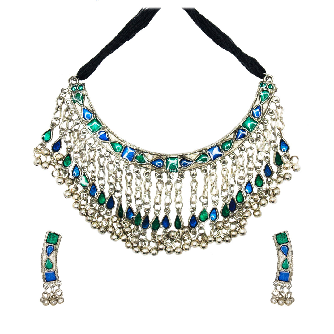 Abhinn Silver Oxidised Necklace Set Blue Green Meenakari For Women