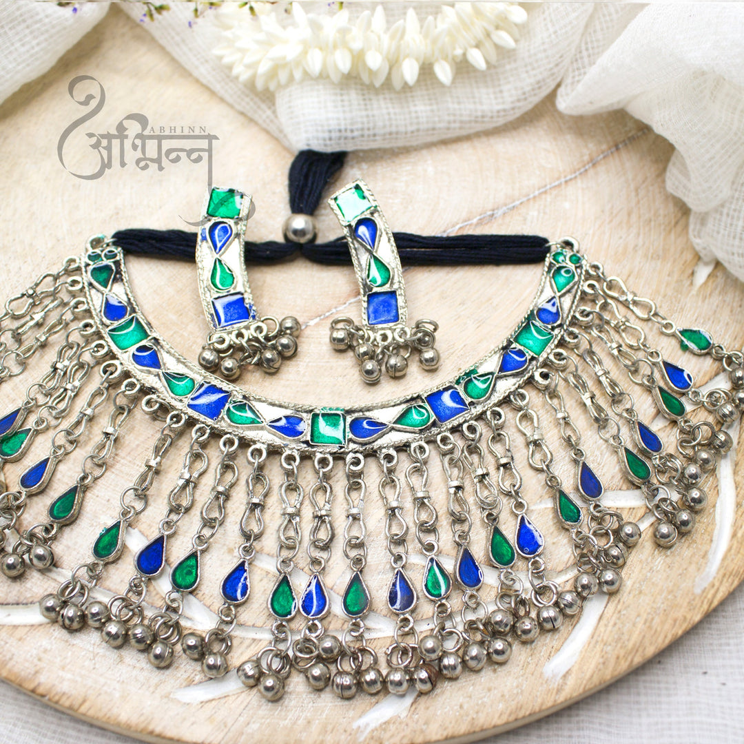 Abhinn Silver Oxidised Necklace Set Blue Green Meenakari For Women