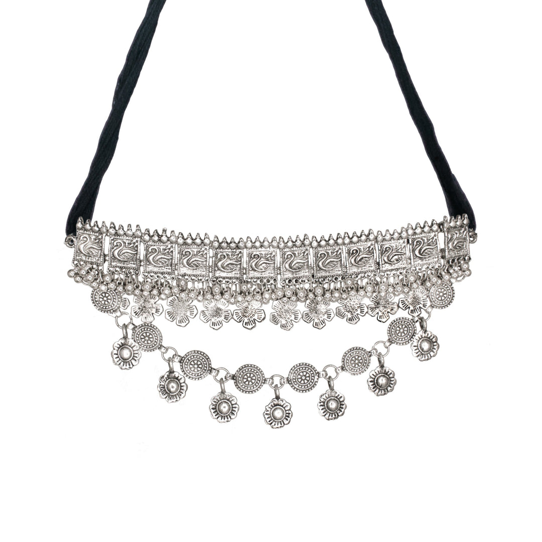 Abhinn Silver Oxidised Swan Floral Design Multi-Layer Necklace Set For Women 