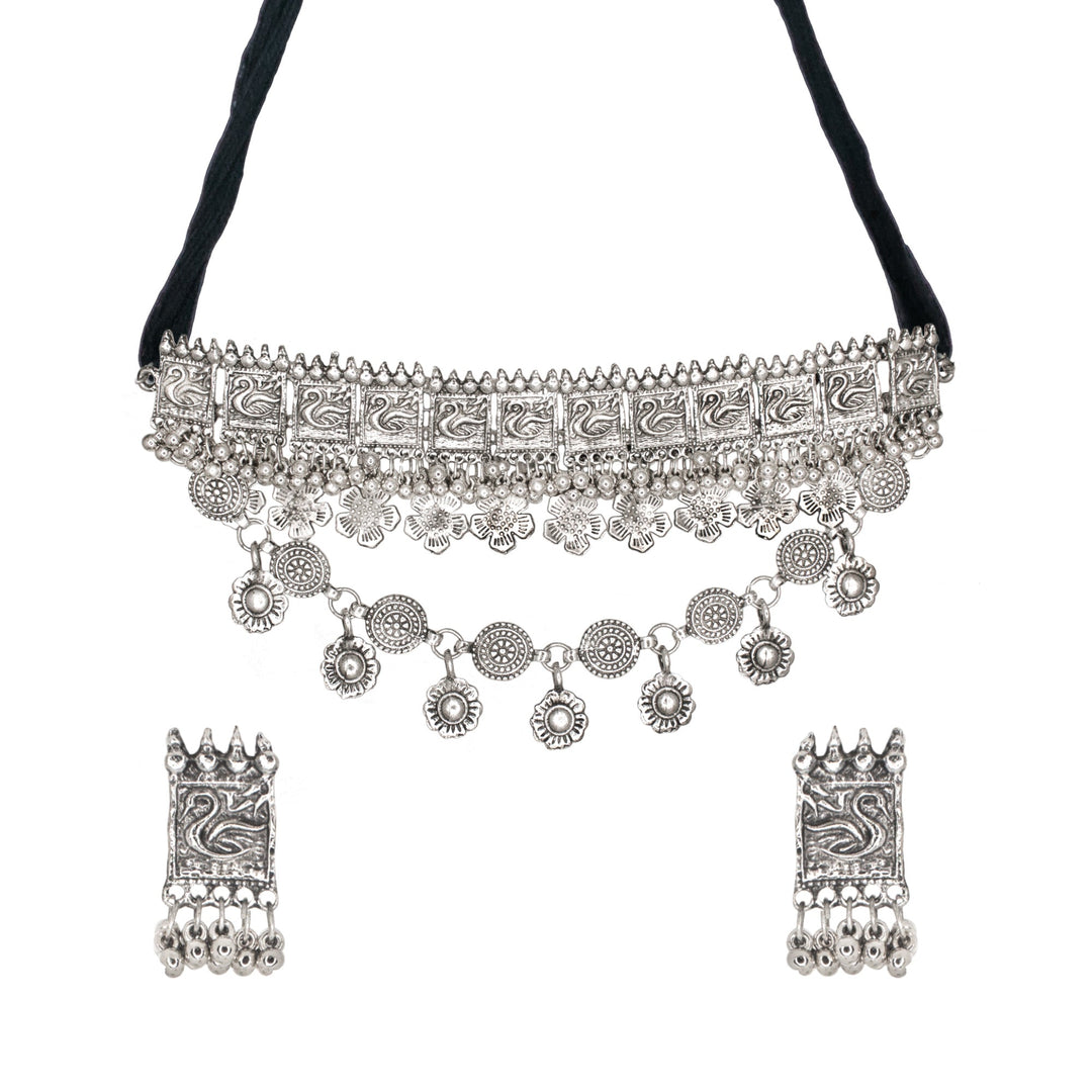 Abhinn Silver Oxidised Swan Floral Design Multi-Layer Necklace Set For Women 
