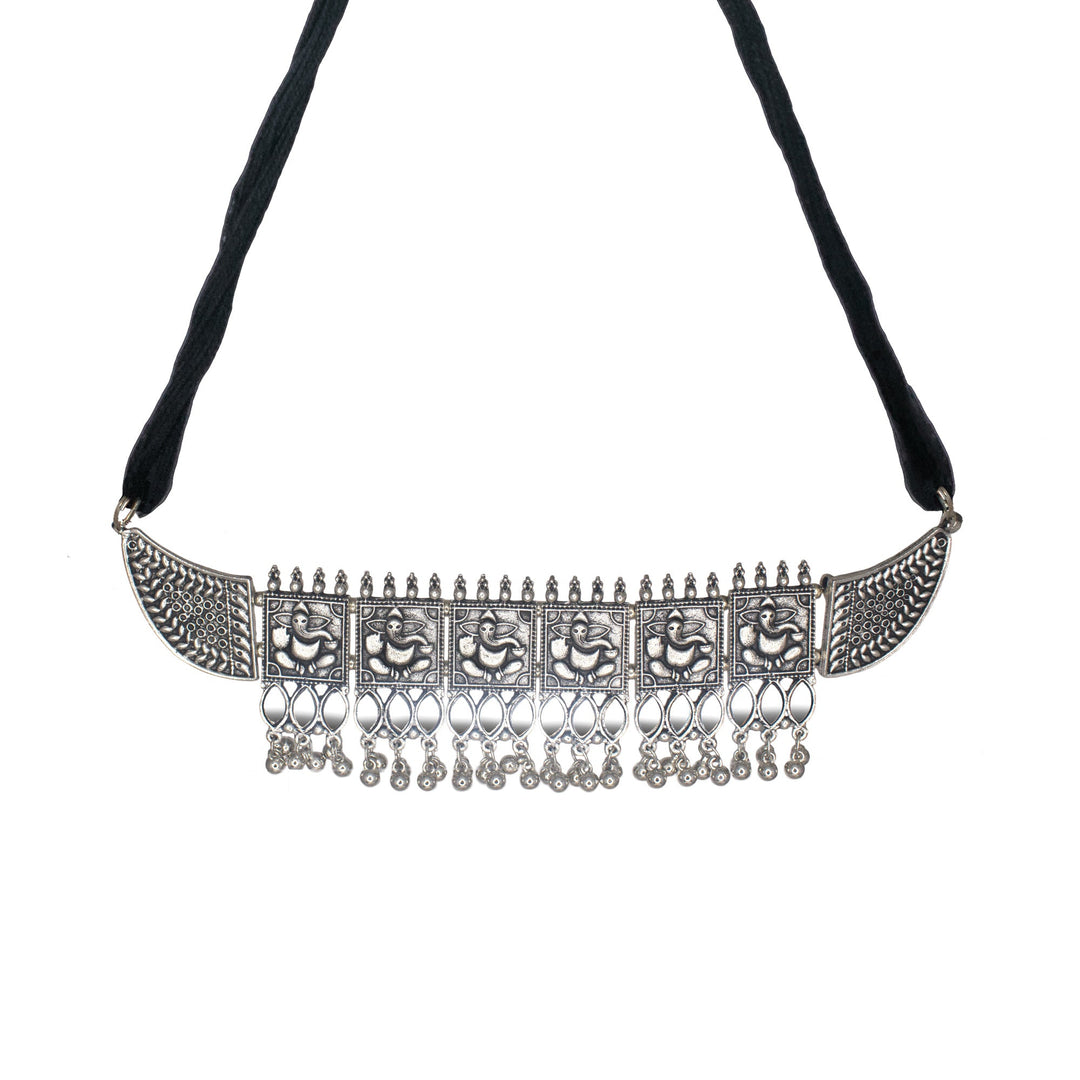 Abhinn Silver Oxidised Ganesha Design Necklace Set With Mirror For Women