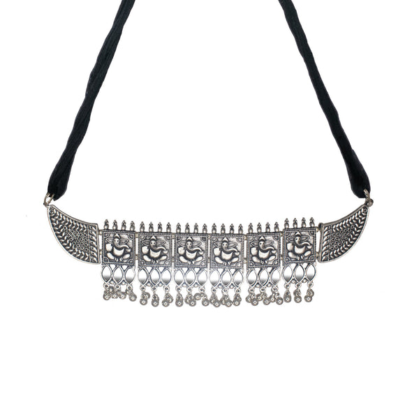 Abhinn Silver Oxidised Ganesha Design Necklace Set With Mirror For Women