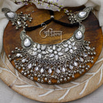 Load image into Gallery viewer, Silver Oxidised Floral Design Necklace Set With White CZ Stone &amp; Ghunghroo
