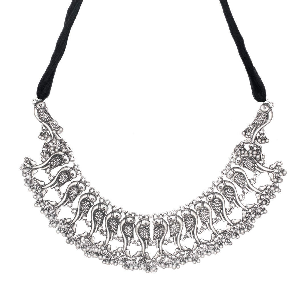 Abhinn Silver Oxidised Unique Parrot Design Necklace Set For Women